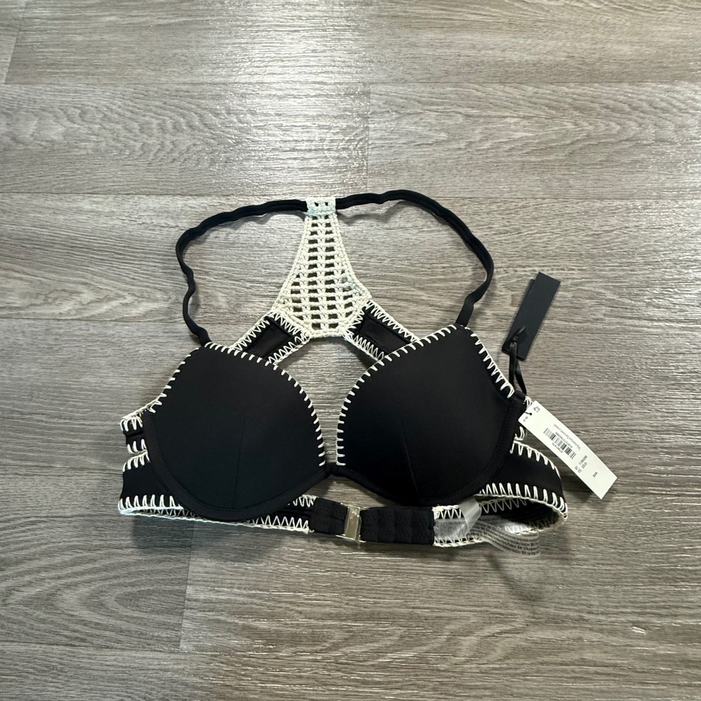 Victorias Secret Archives Swim Crochet Racerback Bikini Top Black White 32A NEW